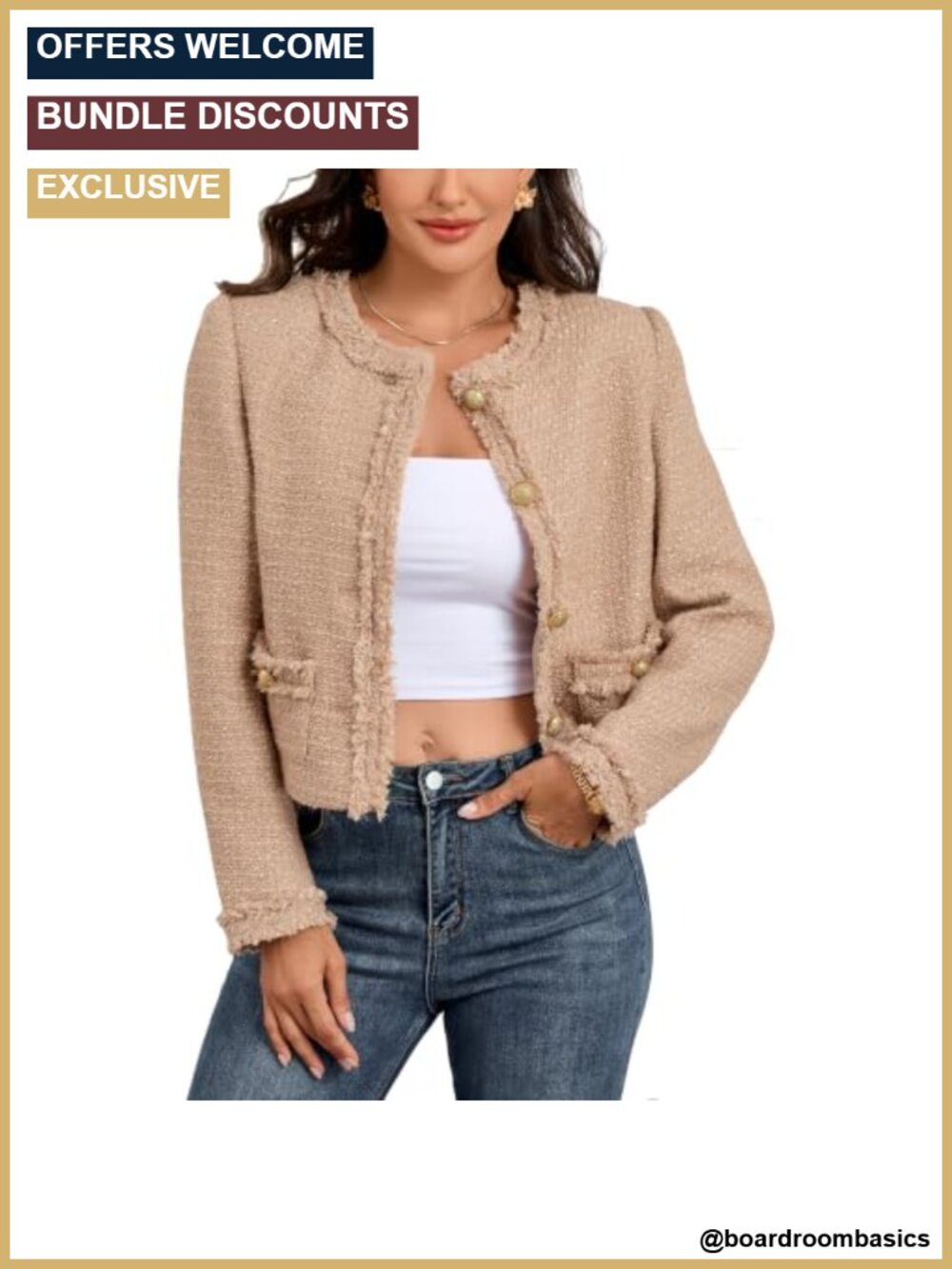 Women's Wool Blend Cropped Tweed Blazer with Fringe Trim